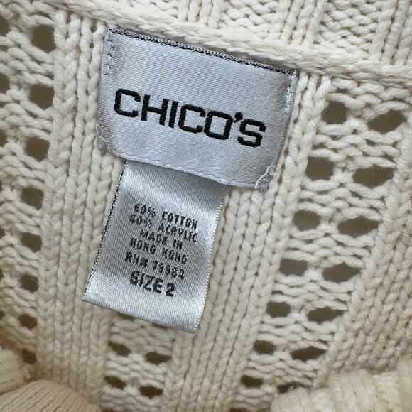 Chico's Sweater Womens Large Cream Pointelle Open Knit Full Zip Cardigan Coastal - Picture 2 of 8